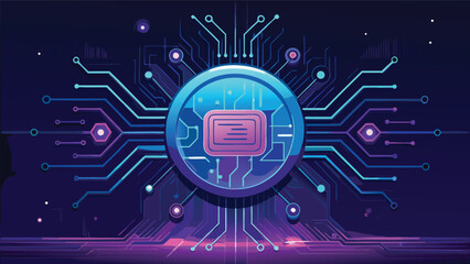 Futuristic Digital Circuit Board with Glowing Technology Chip and Abstract Cyber Network Design Background