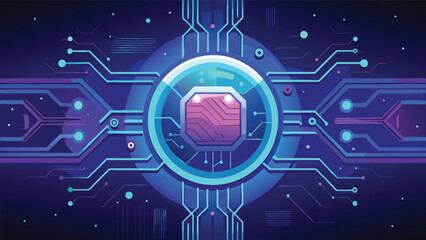 Futuristic Digital Circuit Board with Glowing Technology Chip and Abstract Cyber Network Design Background