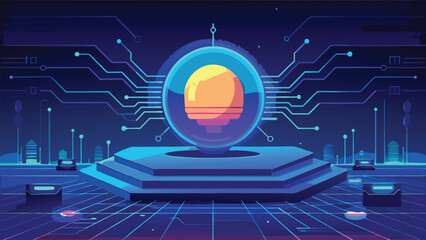 Futuristic Digital Circuit Board with Glowing Technology Chip and Abstract Cyber Network Design Background