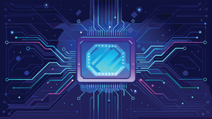 Futuristic Digital Circuit Board with Glowing Technology Chip and Abstract Cyber Network Design Background
