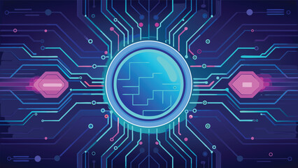 Futuristic Digital Circuit Board with Glowing Technology Chip and Abstract Cyber Network Design Background