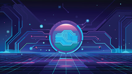 Futuristic Digital Circuit Board with Glowing Technology Chip and Abstract Cyber Network Design Background
