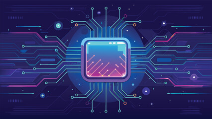 Futuristic Digital Circuit Board with Glowing Technology Chip and Abstract Cyber Network Design Background