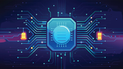 Futuristic Digital Circuit Board with Glowing Technology Chip and Abstract Cyber Network Design Background
