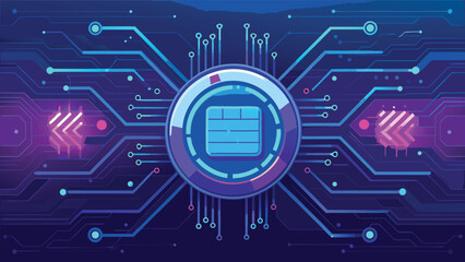 Futuristic Digital Circuit Board with Glowing Technology Chip and Abstract Cyber Network Design Background