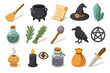 © Slavka - Magic and witchcraft flat icon set. featuring broom, cauldron, scroll, hat, crystal, potion, herbs, and more
