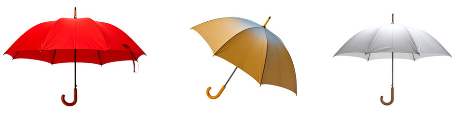 Three colorful umbrellas displayed on a transparent background isolated on transparent background