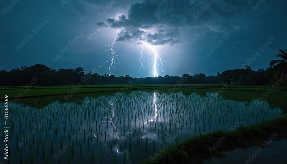 Stromy Rice Field Bright multiple lightning bolts flash across dark stormy night sky ...