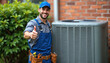© Vadym - Happy HVAC technician shows thumbs up near AC unit. Smiling man in work overall. Professional in blue cap with tools. HVAC service repair and maintenance.