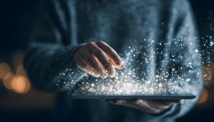 Person using tablet with magical digital particles emanating.