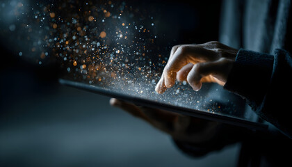 Person using tablet with magical digital particles emanating.