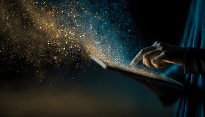 Person using tablet with magical digital particles emanating.