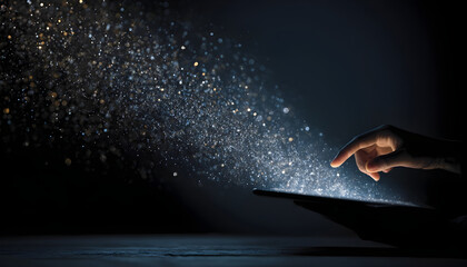 Person using tablet with magical digital particles emanating.