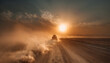 © Oleksiy - Buggy and motorbike ride across sandy road at sunset with dust clouds symbolizing endurance speed freedom adventure exploration resilience and the raw challenge of motorsport in vast wilderness