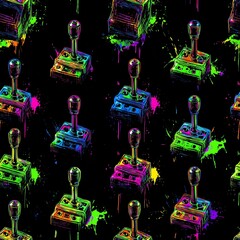 seamless pattern of retro arcade game joysticks, neon graffiti splashes, hand-drawn vibrant illustra