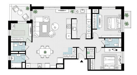Detailed Architectural Floor Plan Showing a Modern Residential Apartment Layout on a transparent background