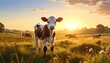 © Veni - A charming calf stands out in a golden meadow at sunrise, showcasing the peaceful beauty of rural landscape.