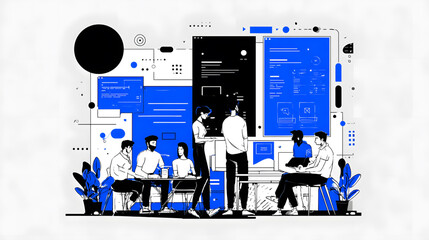Modern business team collaborating with interactive digital interfaces.