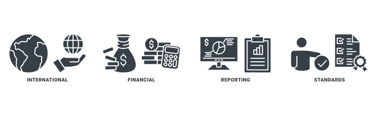 IFRS (international financial reporting standards) icon set vector concept with icon of global, network, economy, money, documents 