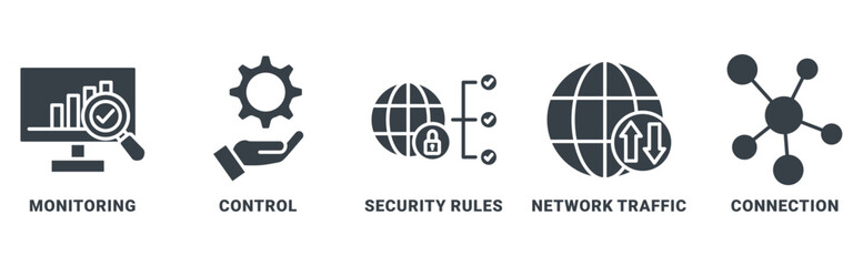 Firewall icon set vector concept with icon of monitoring, control, security rules, network traffic, connection 