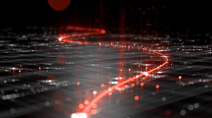 A glowing red line runs across a dark textured surface with scattered red light points around it