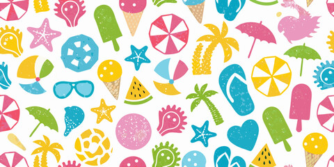 Vibrant summer holiday pattern featuring beach icons and tropical elements