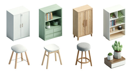 Isolated modern furniture collection on transparent background with various designs