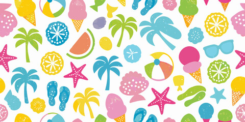 Vibrant seamless pattern of summer beach icons including ice cream cones palm trees and starfish