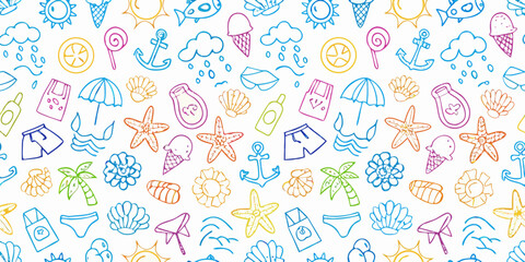 Colorful hand drawn summer vacation icons seamless pattern on white background