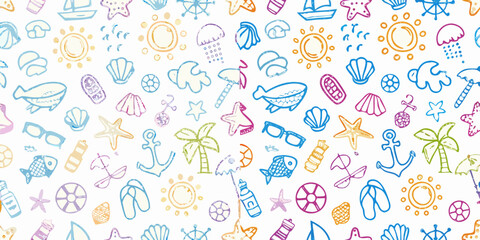 Whimsical hand drawn summer beach vacation icons pattern with sun palm trees and ocean life