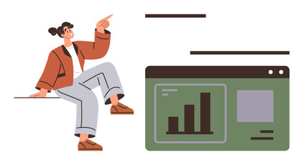 Casual woman sitting and pointing towards a green interface screen displaying a bar chart and text layout. Ideal for analytics, teamwork, education, ideas, creativity, planning, collaboration. Simple