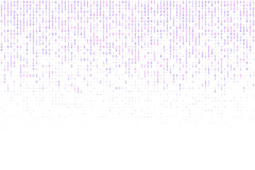 Abstract technology background with binary code digital rain effect, glowing purple and blue numbers falling on a black screen, data stream and cybersecurity concept.