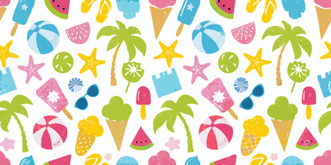 A vibrant and playful seamless pattern of summer vacation icons including ice cream cones palm trees and beach balls