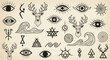 © Agoenk - Esoteric Symbols: Deer, Eyes, Waves, Spirals, and Geometric Shapes in Black Ink