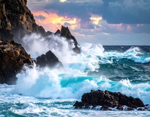  Dramatic Seascape with Waves Crashing on Rocky Shoreline at Dusk
