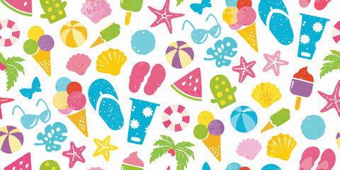 Vibrant summer beach vacation pattern with ice cream sunglasses and flip flops