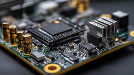 Close-Up View of Electronic Circuit Board with Microchip, Resistors, Capacitors, and Connectors on Dark Surface