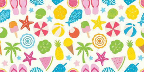 Vibrant summer pattern featuring beach icons and tropical elements on a white background