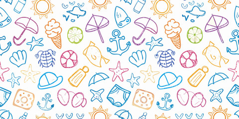 Whimsical hand drawn summer beach vacation icons seamless pattern background