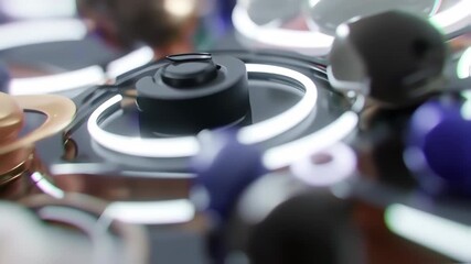 abstract close-up of a dark grey cylindrical object centered on a metallic surface with glowing whit