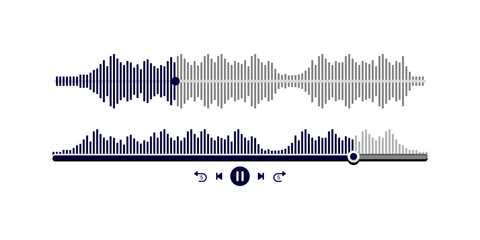 Music player user interface vector with play and pause button, progress bar for audio or video playback, modern UI controls in flat clean style on white background