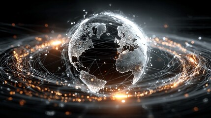 Global network connecting continents with digital data streams, showcasing international business, technology, and innovation for a connected future and growth