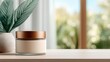 © Linda Kumakura - aesthetic product photo – Elegant Cosmetic Cream Jar on Wooden Table with Greenery Background with minimalist background, aesthetic lighting, premium branding concept, top-down angle, designed for com