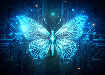 Illustration of a glowing blue butterfly with intricate circuit board patterns on its wings against a dark tech background