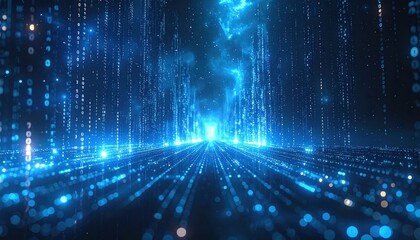 A futuristic digital landscape with bright blue light streaks and bokeh, giving the impression of vastness and forward momentum