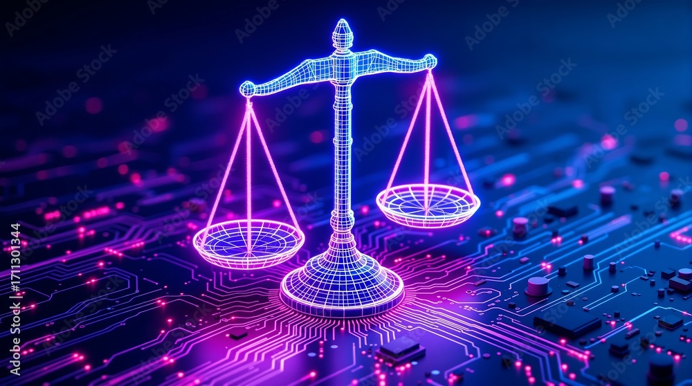 Foto Digital law justice scales technology concept cyber security legal ...