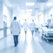 © Pureform - Abstract blue-toned hallway with blurry figures wearing lab coats. Soft lighting, sterile environment, clean design, and indistinct details