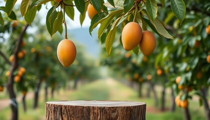 Rustic wooden podium, ripe mango hanging from tree branch, blurred orchard backdrop,  image,  orchard