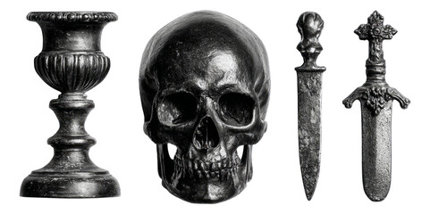 Black Skull and Objects on Isolated Transparent Background