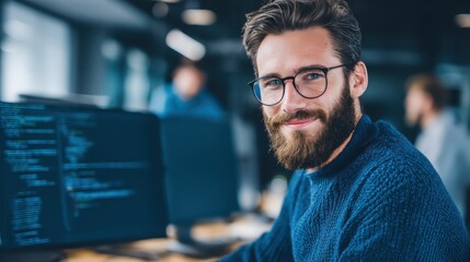 A smiling bearded man with glasses works at a computer with code on the screen in a modern office setting